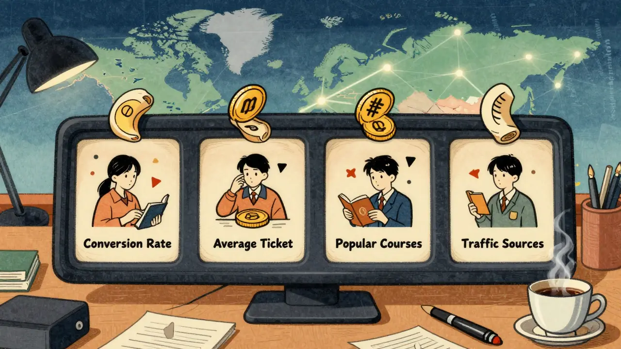 Элегантный дашборд в стиле укиё-э с четырьмя ключевыми метриками онлайн-школы, изображенными как традиционные свитки.