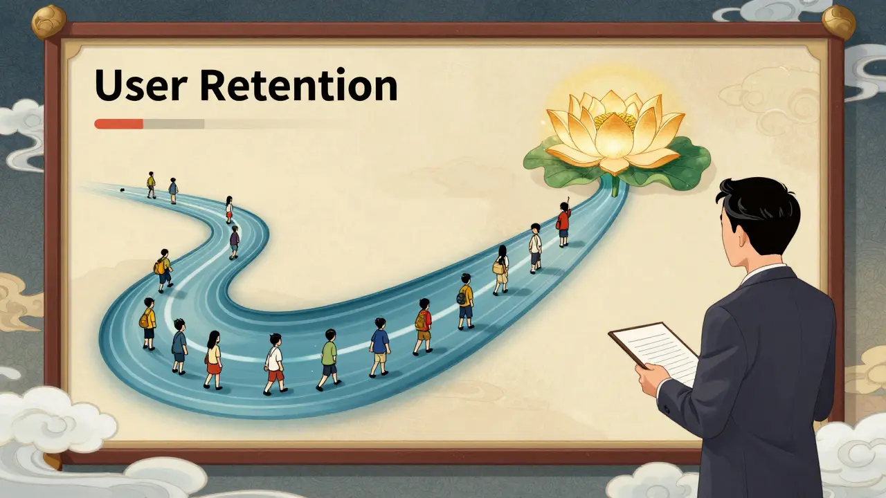 График удержания студентов в виде реки, где ученики идут по пути, некоторые падают — символизируя завершение курса.