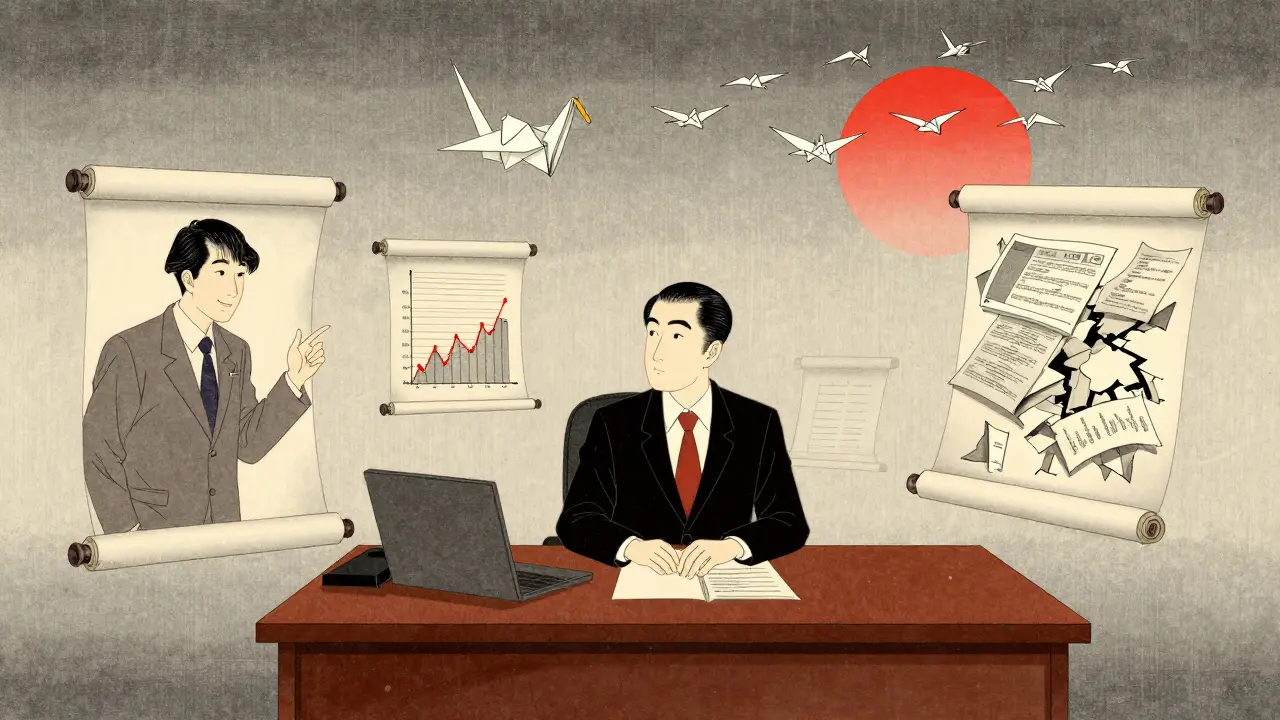 Исполнительный директор окружён финансовыми и образовательными символами, балансируя между ними.