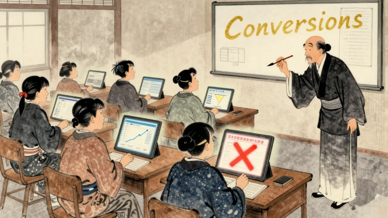 Класс с учениками, смотрящими на таблетки с аналитикой, учитель пишет конверсии кистью, укиё-э стиль.