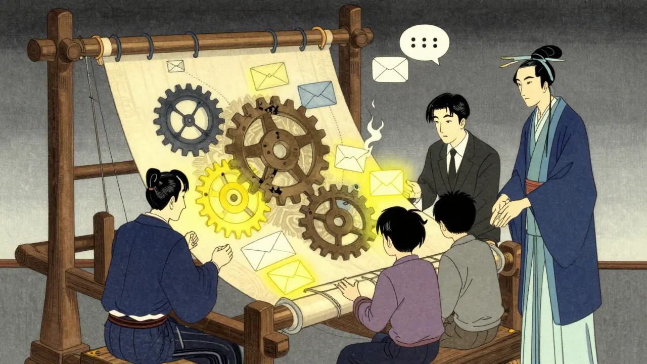 Команда проверяет систему курса как древнее ткацкое ремесло: шестерёнки, письма и чаты переплетены в ткани.