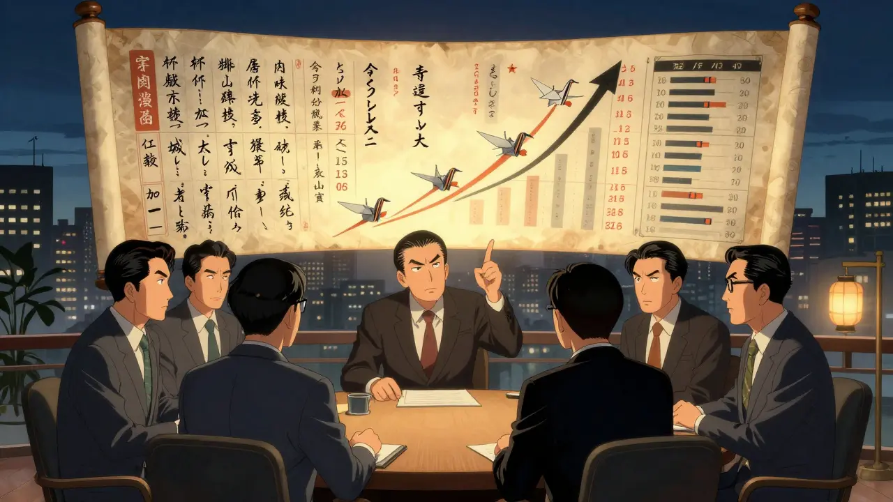 Корпоративная команда смотрит на летящий свиток с данными о ценах и прогнозах, свет лампады подчеркивает рост прибыли.