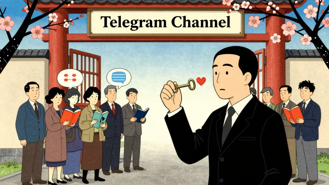 Люди подходят к воротам Telegram, один из них с настоящим лицом открывает их сердцем — символ доверия.