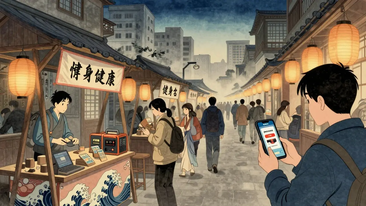 Московский рынок в стиле укиё-э с рекламой современных товаров и меткой «реклама» на прилавках.