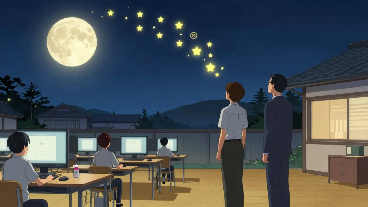 Новичок и наставник наблюдают за светящимися значками, символизирующими рост и принадлежность.