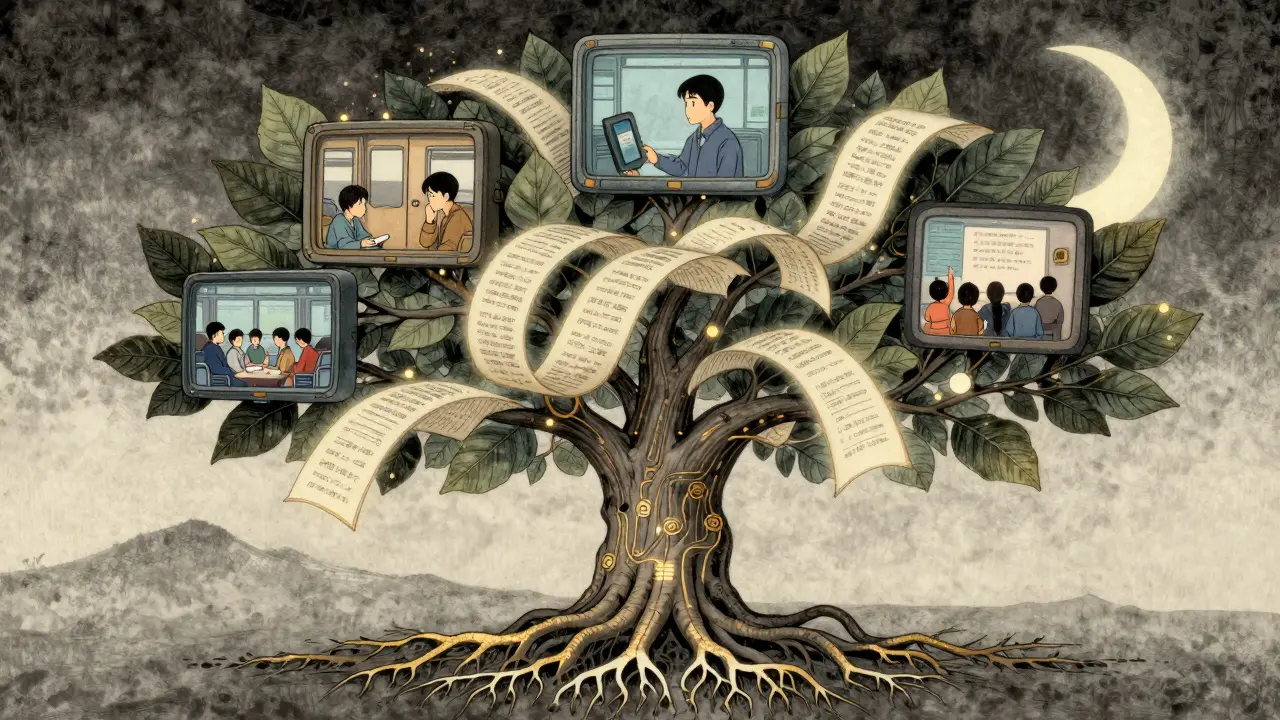 Обучающее дерево с корнями-звуками, ветвями-текстом и листьями-видео, под луной с ИИ-светом.