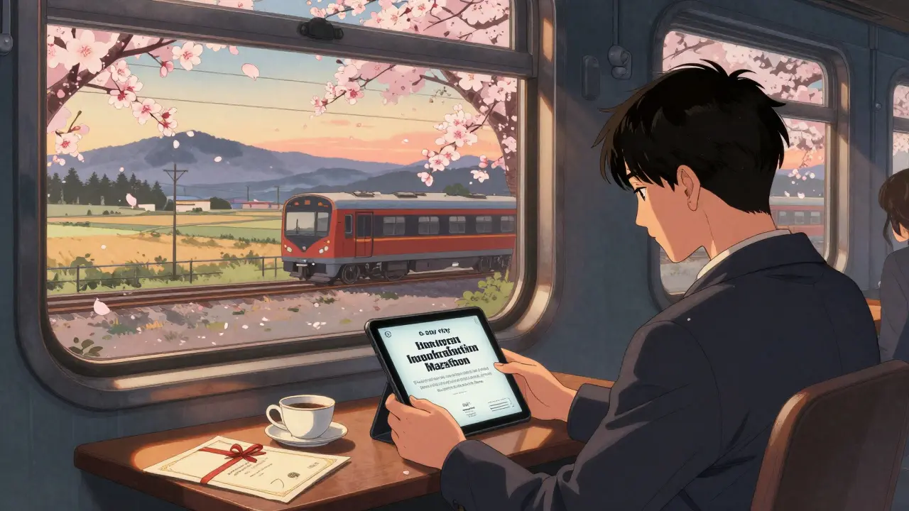 Пассажир в поезде читает 5-дневный марафон летом, цветы и тишина вокруг.