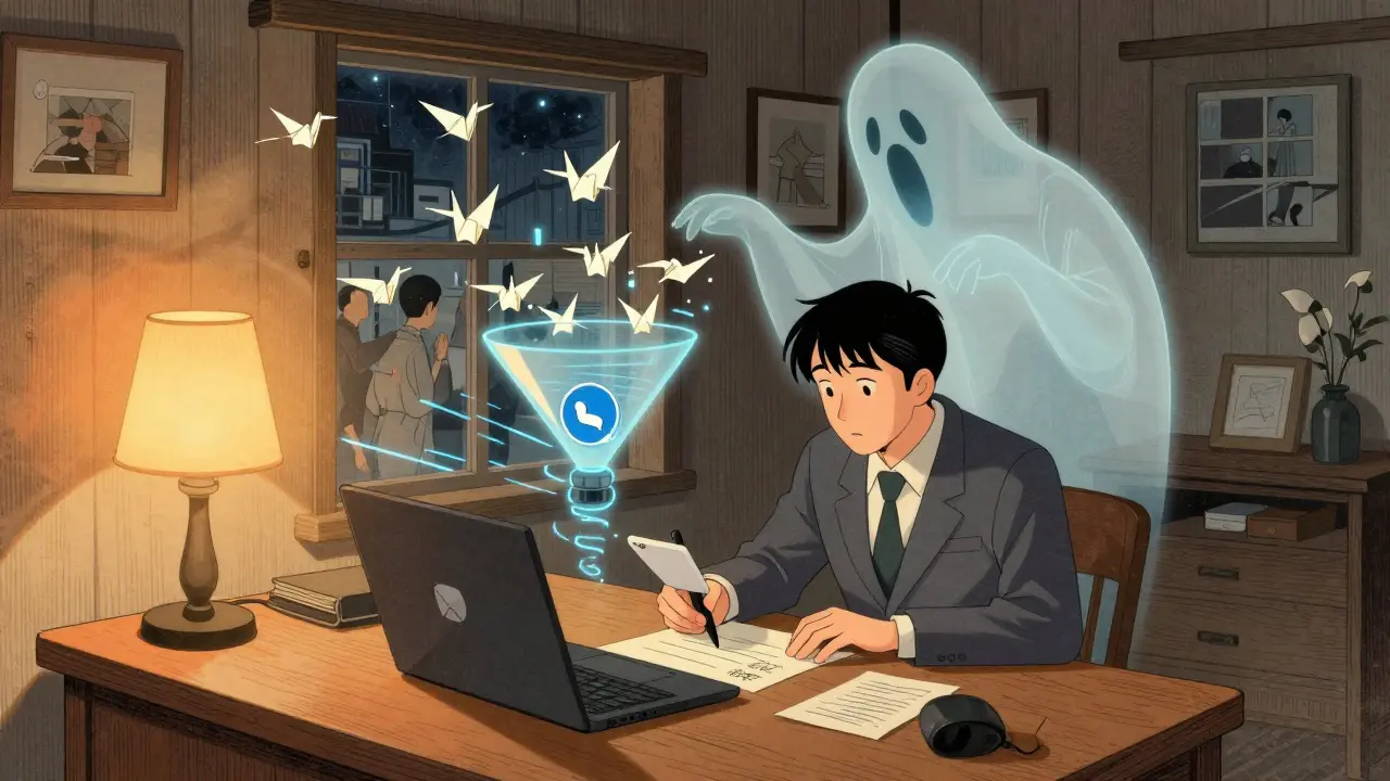 Предприниматель пишет личное сообщение, пока автоматическая воронка растворяется в журавлях.