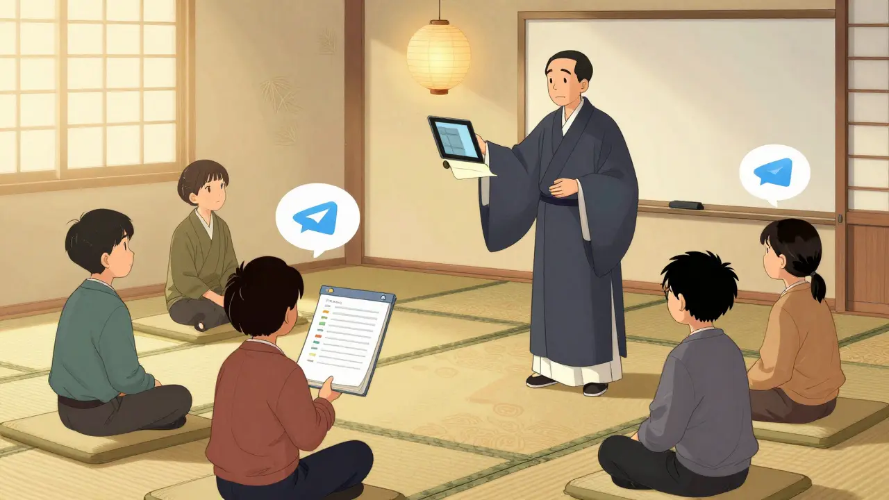 Преподаватель объясняет курс через бумажные свитки, студенты слушают на татами, Telegram-чат всплывает как фонарик.