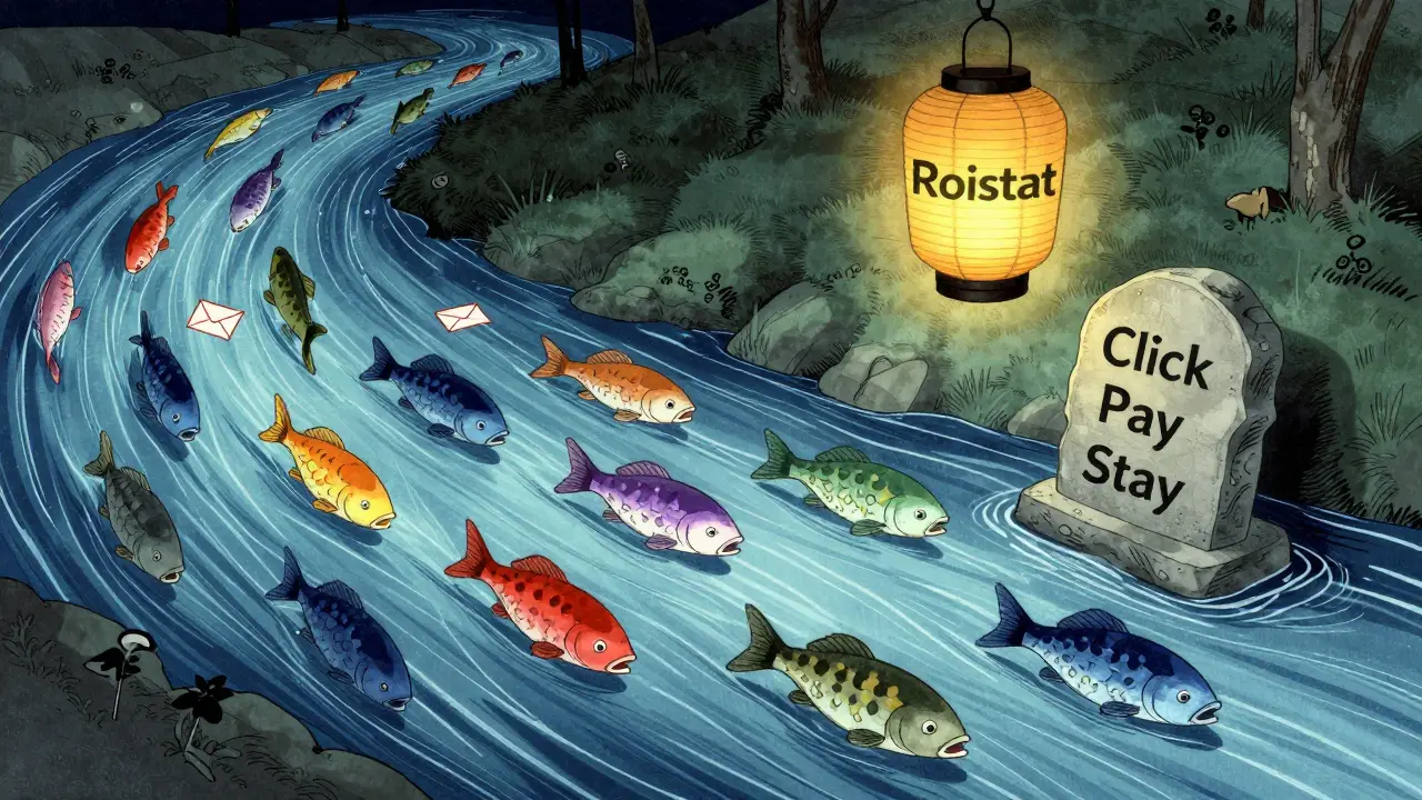 Река данных с рыбами-клиентами, фонарь Roistat освещает камень с целями, укиё-э стиль.