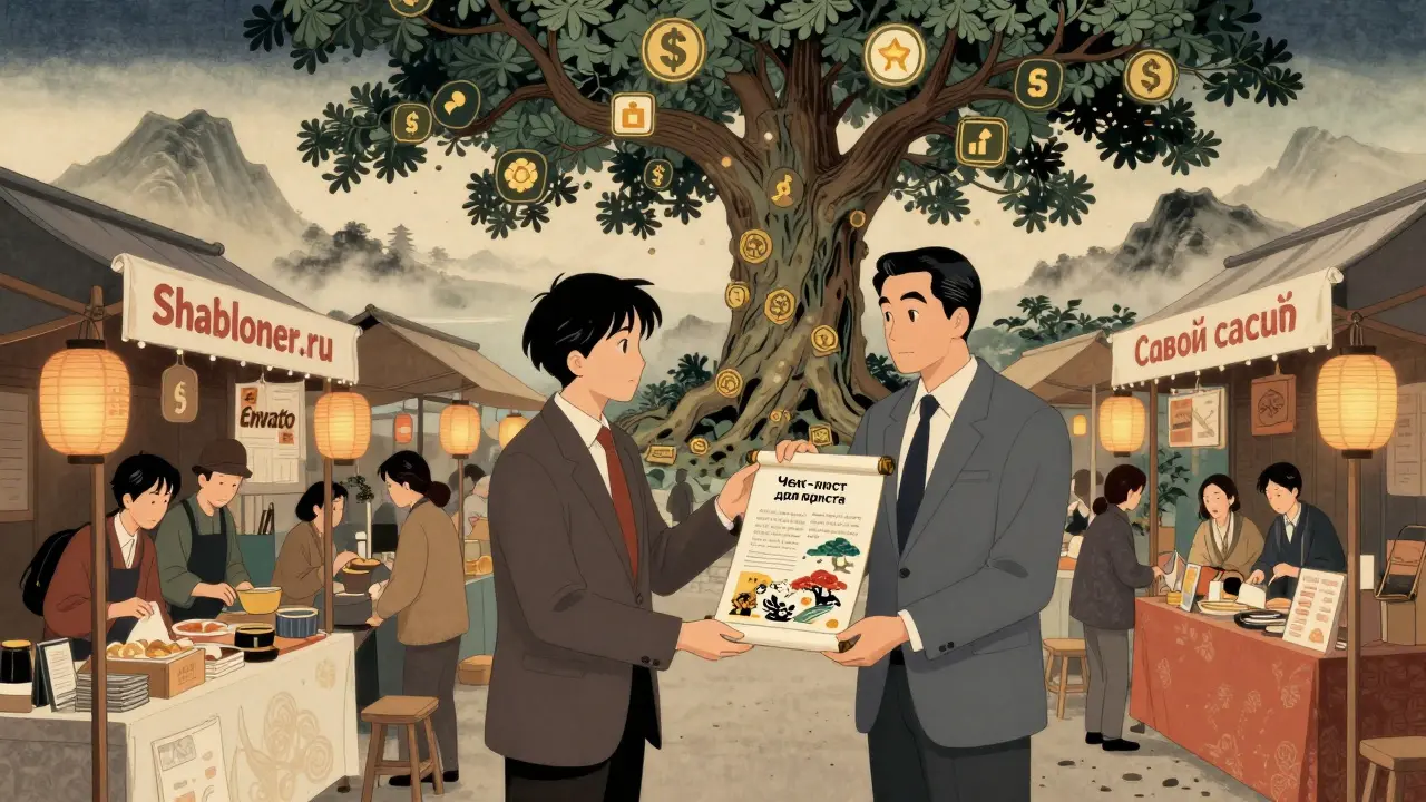 Рынок с тремя платформами, где продают чек-листы для юристов в стиле укиё-э.