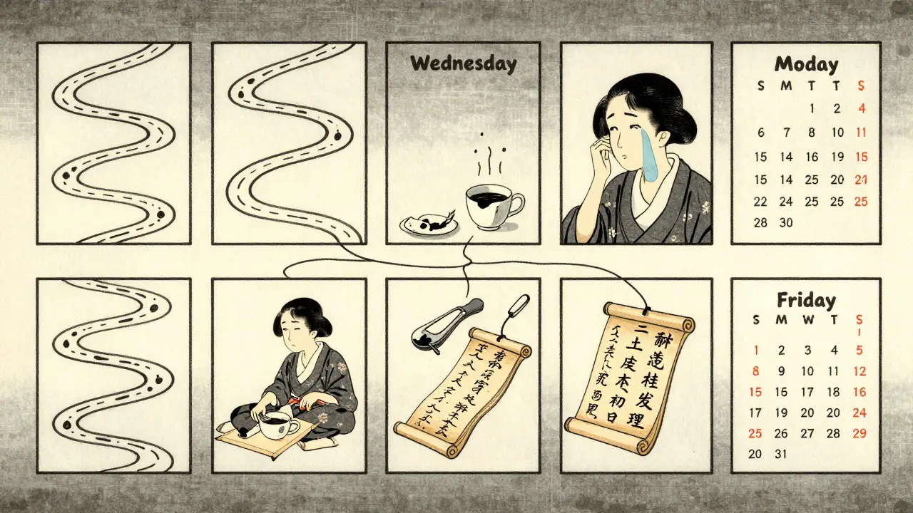 Семидневный календарь в японском стиле: каждый день — разный формат контента, соединённый единым потоком чернил.
