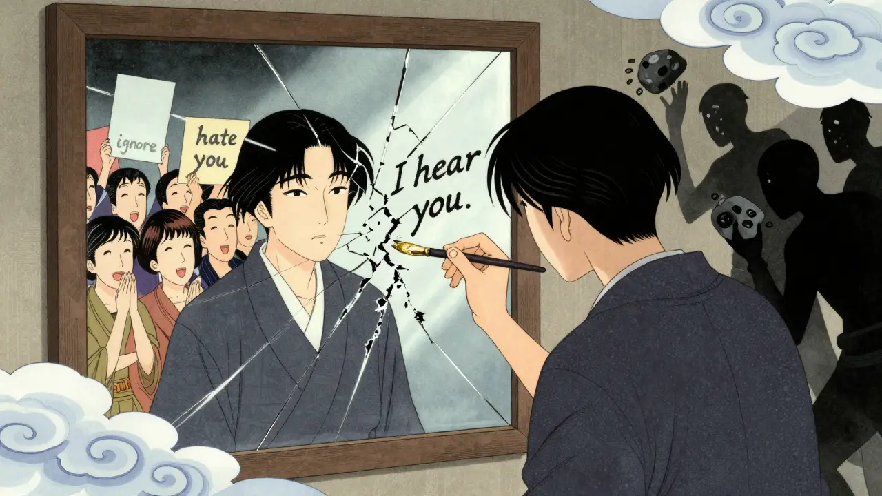 Создатель чинит треснувшее зеркало, отражающее как похвалу, так и враждебность, золотыми чернилами.