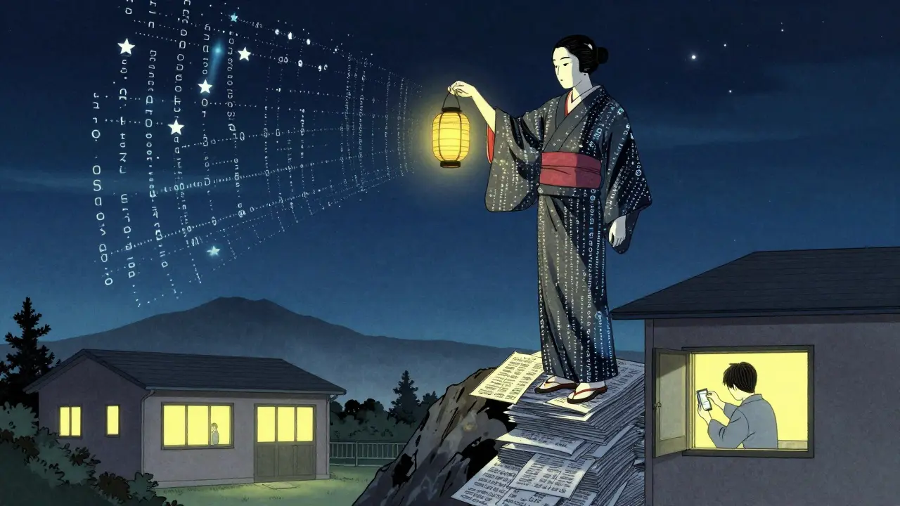 Страж данных в кимоно из кода держит фонарь с предсказаниями ошибок, школа спит под утренним светом.