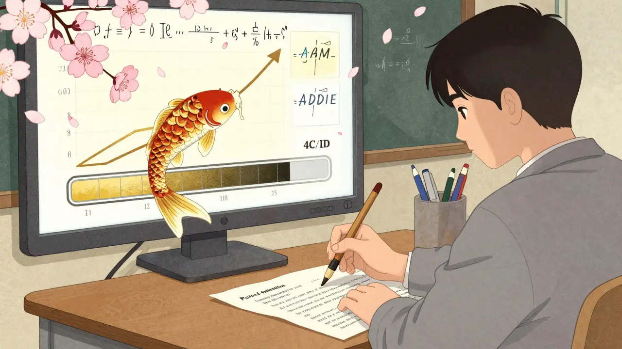 Студент пишет практическое задание, кари-рыба растёт в виде графика прогресса, за ним — модели педагогического дизайна в виде цветочных узоров.