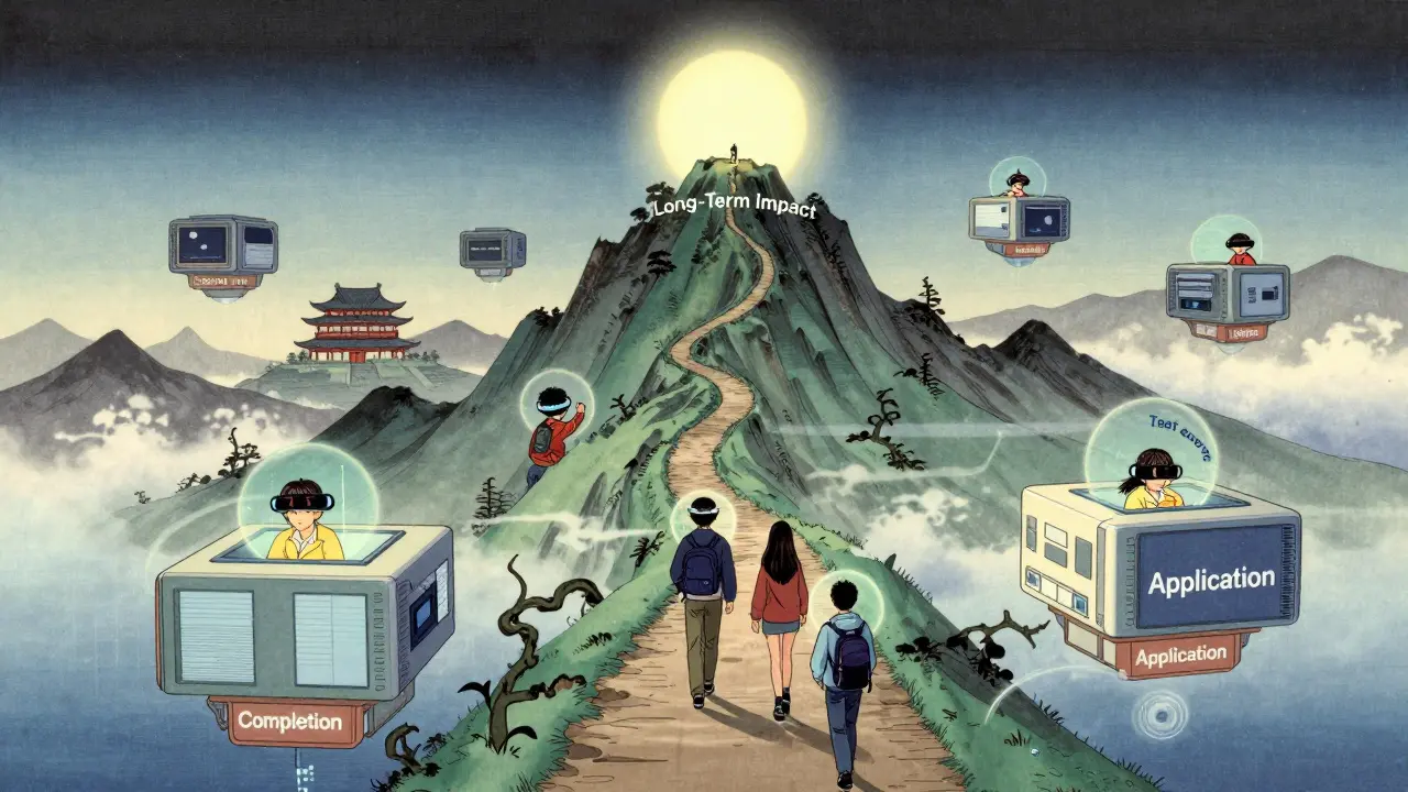 Студенты поднимаются по горному пути с метриками к пику долгосрочного влияния, вокруг — носимые устройства и цифровые храмы образовательных платформ.