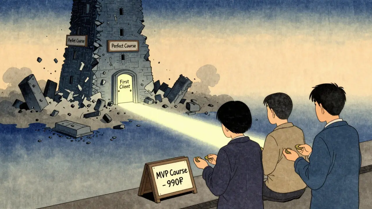 Три покупателя платят за мини-курс, а гигантская башня 'Идеальный курс' рушится в пыль.