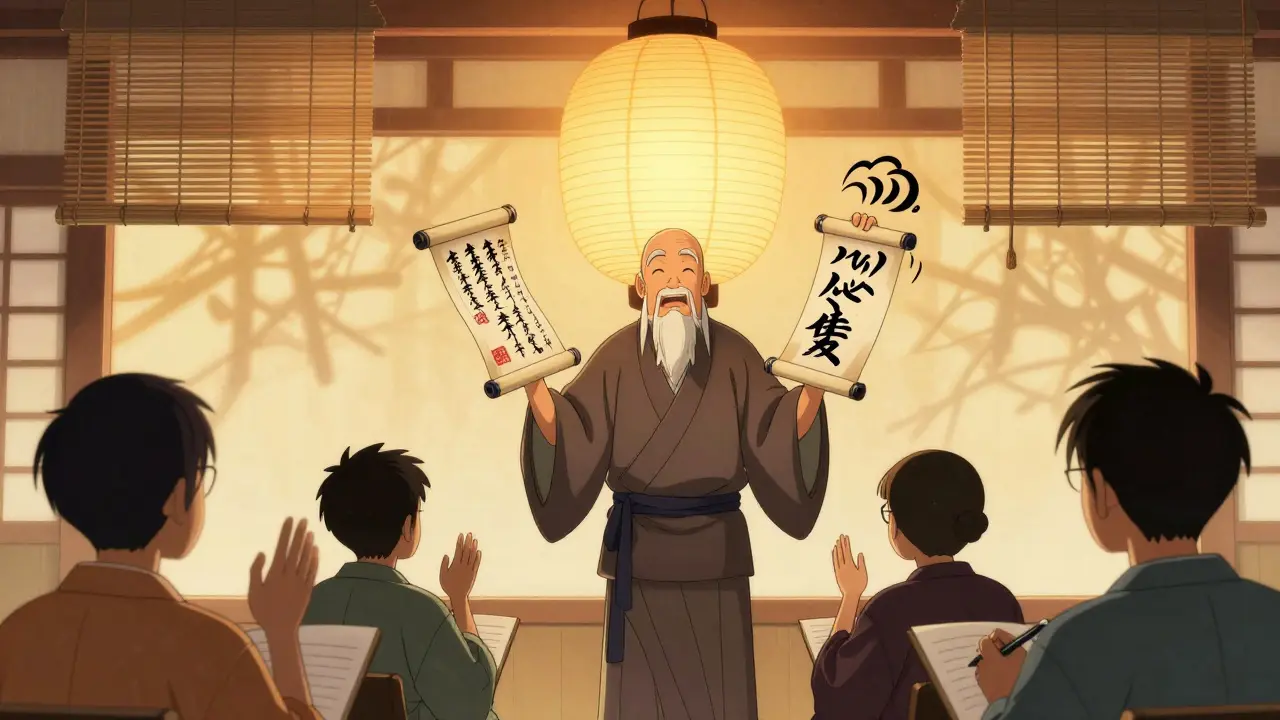 Учитель с тремя свитками: текст, видео и аудио, ученики в традиционной одежде внимательно слушают.