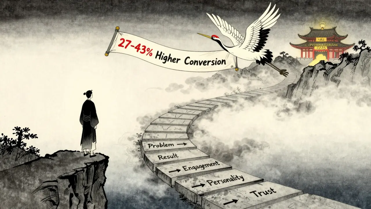 Человек смотрит на тропу из пяти каменных ступеней к храму, над ним летит журавль с лентой о конверсии.