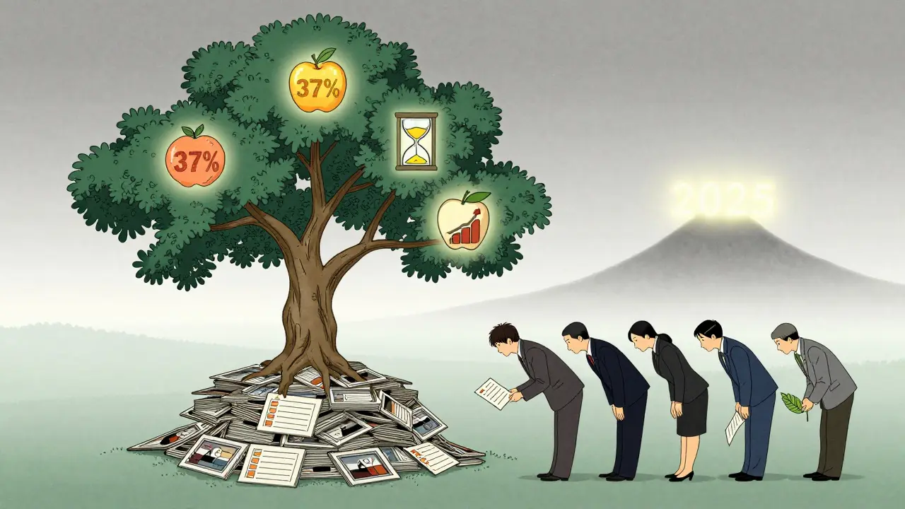 Дерево из слайдов с фруктами-результатами, люди получают чек-листы, в стиле укиё-э.