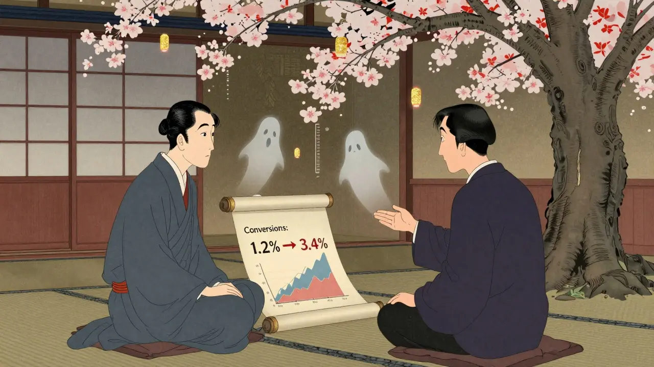 Консультант и клиент обсуждают результаты под цветущей сакурой, вокруг — плавающие цифры и диаграммы.