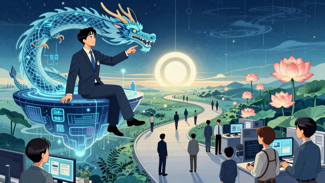 Куратор на платформе знаний управляет ИИ-драконом, ведя команды к единому бренду, символизирующему доверие.