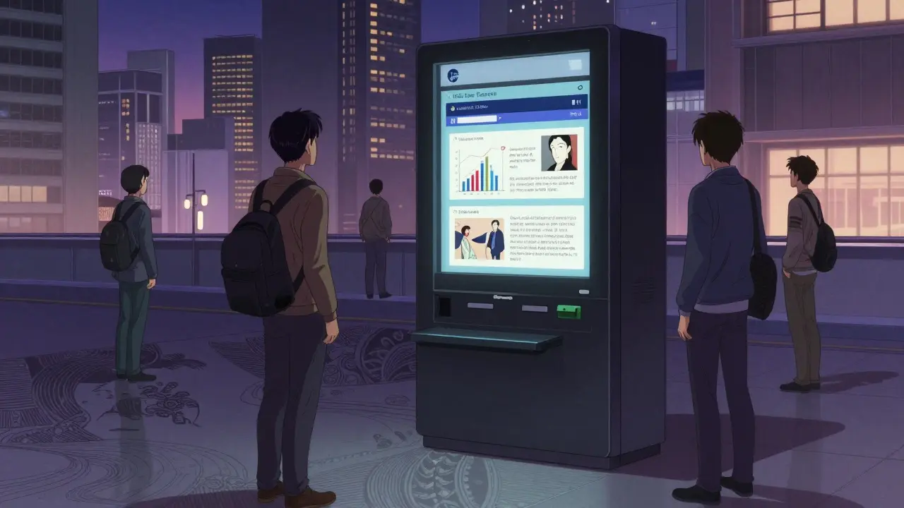 Люди смотрят на интерактивный кейс на экране, отражения которого сливаются с укиё-э узорами на земле.