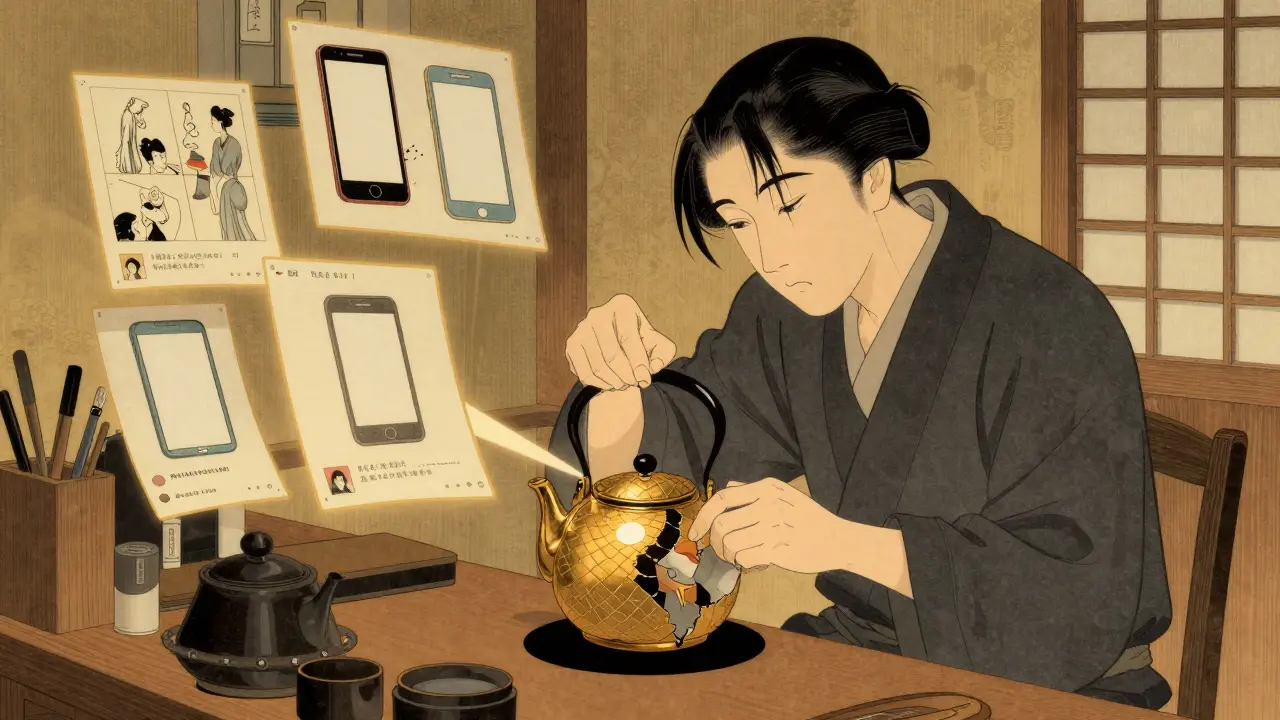 Мастер чинит разбитый чайник золотым лаком, символизируя улучшение воронки продаж с помощью мелких, но точных исправлений.