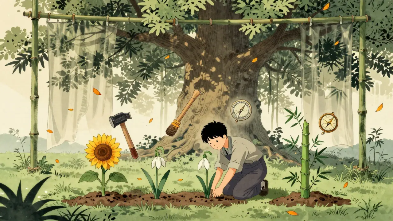 Новичок сажает по одному растению, пока сложное дерево остаётся скрытым.