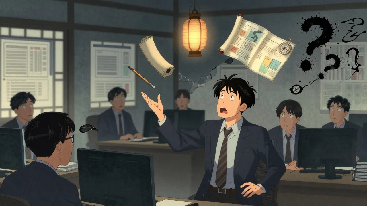 Один человек пытается удержать пять задач, команда смотрит в замешательстве.