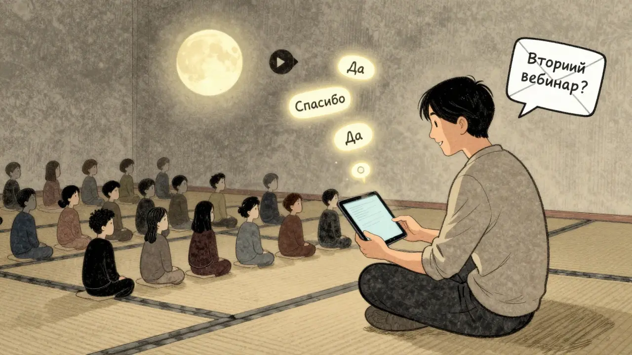 После вебинара человек сидит, смотрит на летящие сообщения 'Спасибо' и 'Да', над ним значок записи.