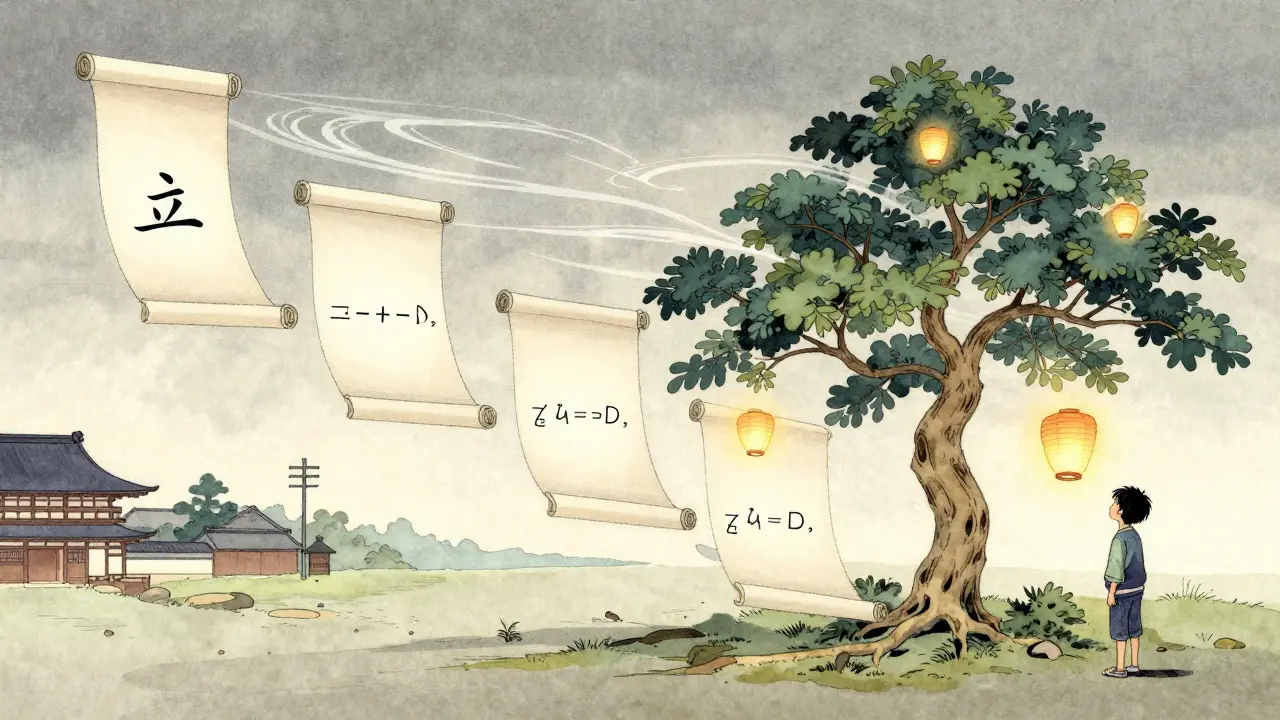 Постепенно раскрывающийся свиток знаний с плавающими фонарями.