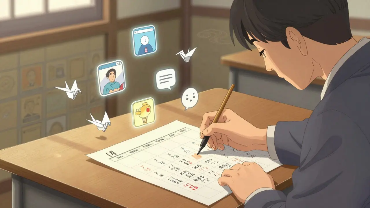 Преподаватель заполняет календарь с контент-рубриками, рядом парят цифровые значки в виде журавлей.