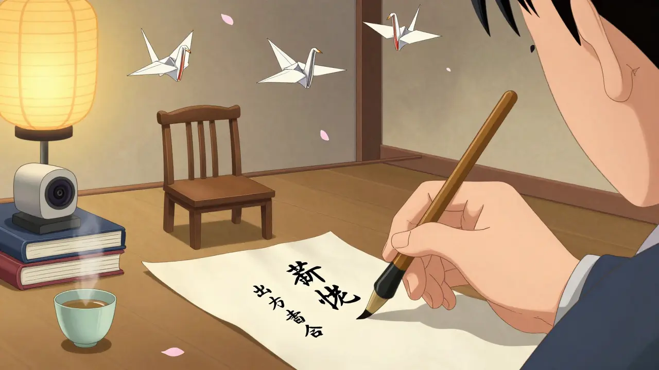 Рука пишет сценарий на бумаге, рядом веб-камера на книгах, три журавля символизируют ключевые пункты.