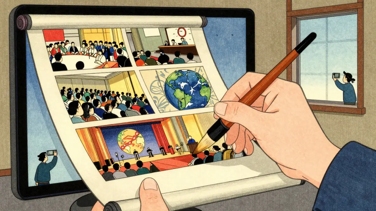 Рука рисует скролл, превращающийся в три этапа выступлений, в стиле укиё-э.