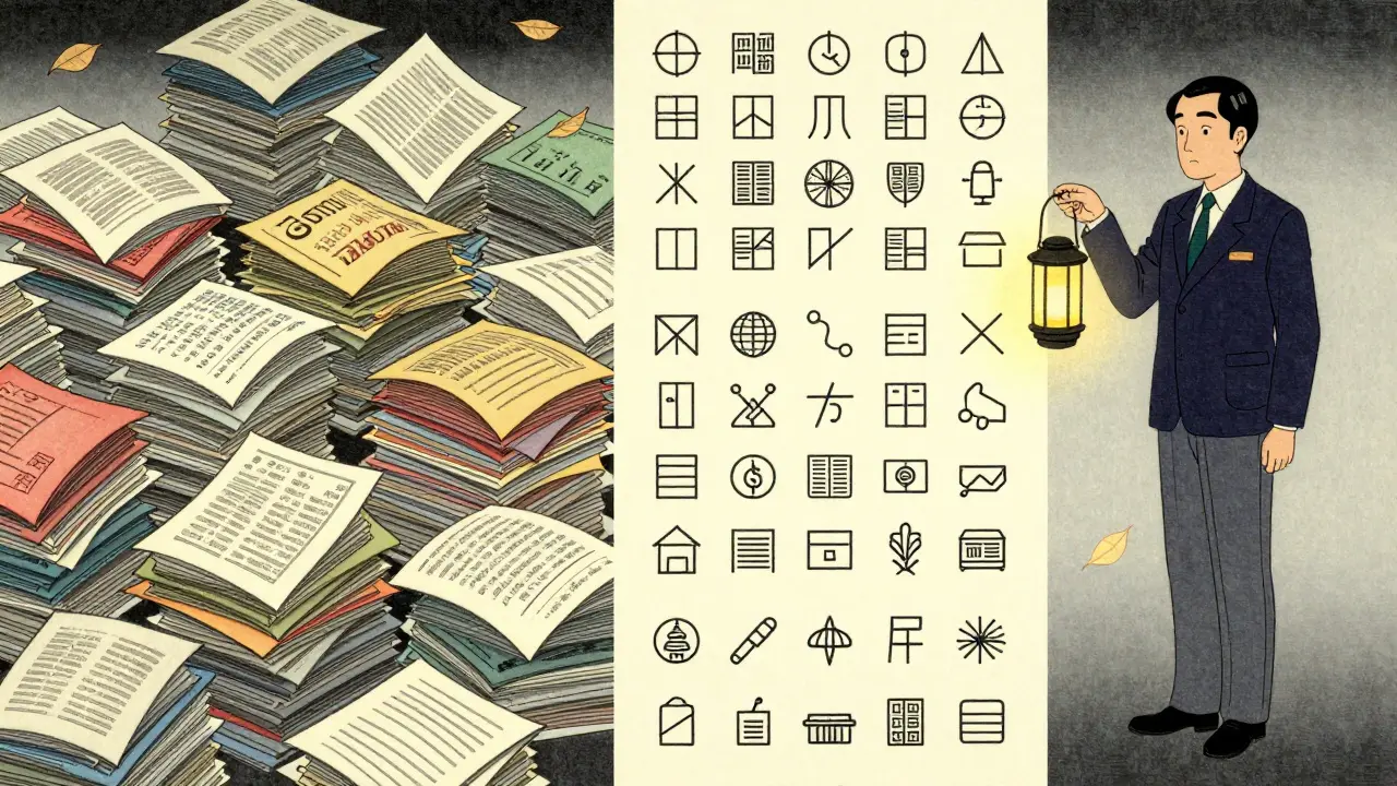 Слева — хаос документов, справа — упорядоченный контент с единым стилем, освещённый фонарём согласованности.