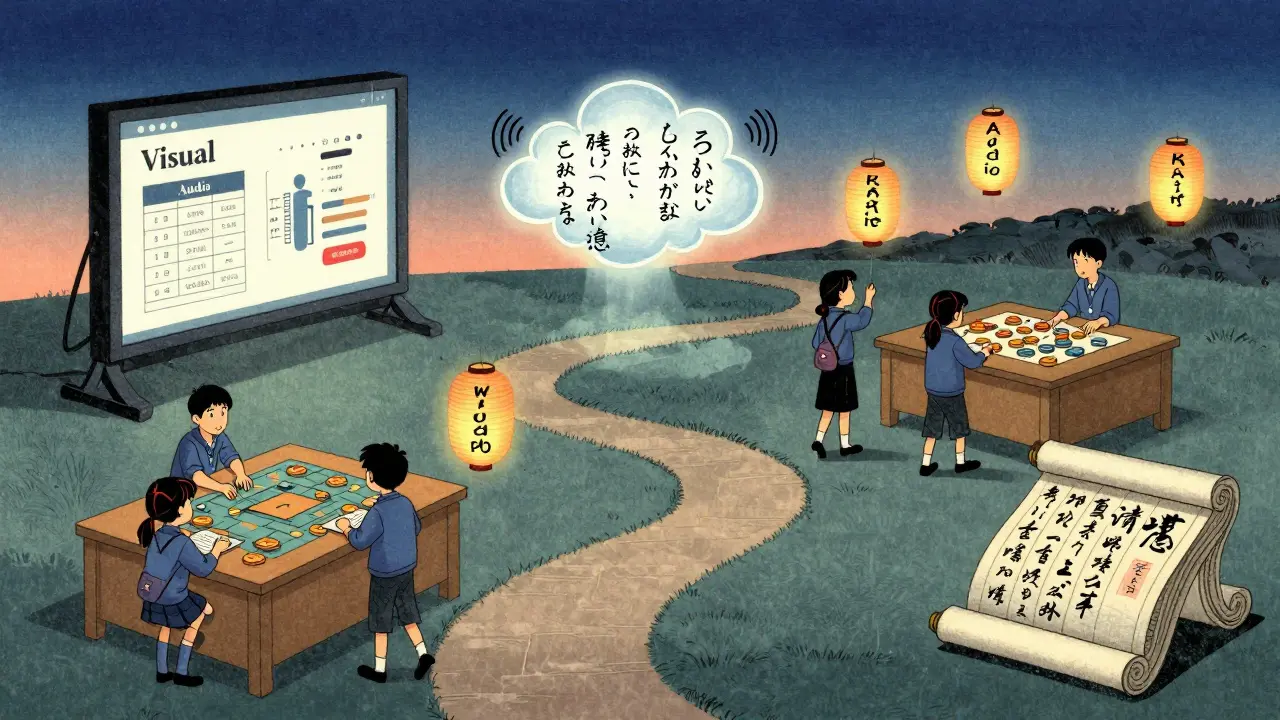 Студенты идут по пути с четырьмя форматами обучения, освещёнными бумажными фонарями.