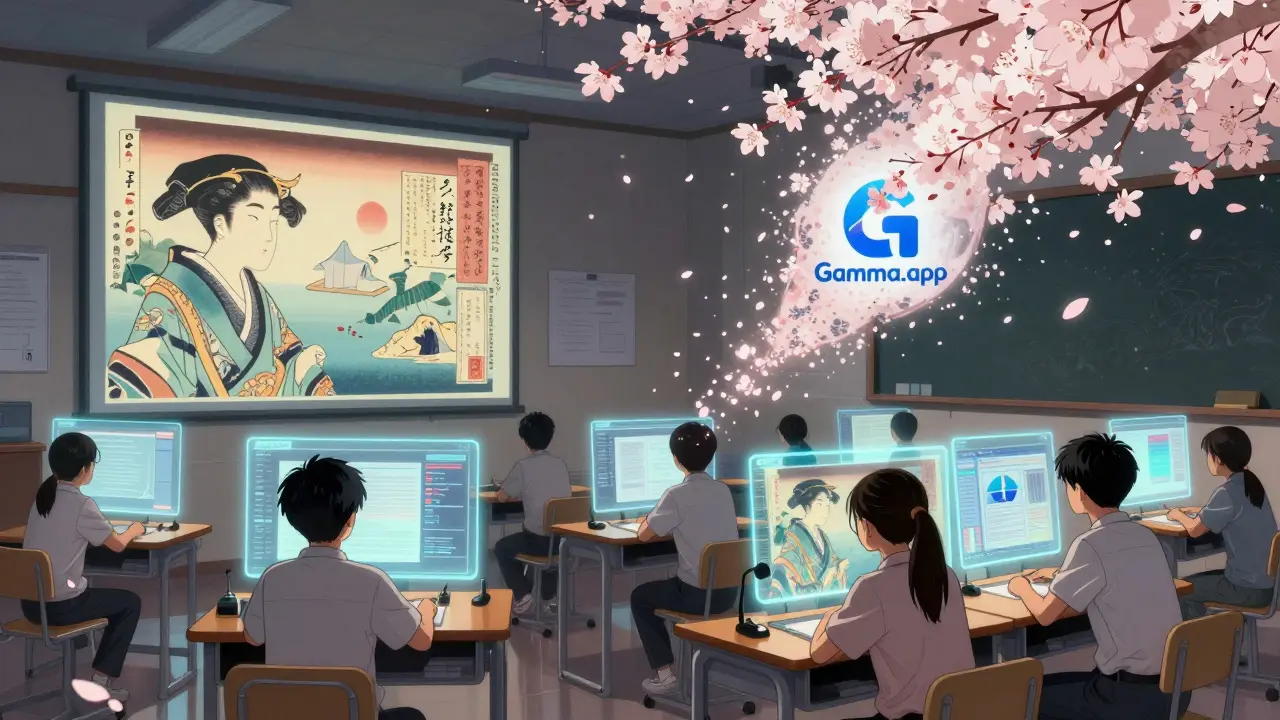 Студенты смотрят на голографические слайды в стиле укиё-э, символизирующие будущее онлайн-обучения.