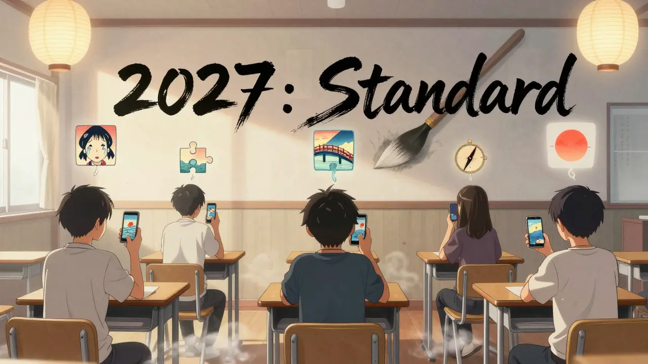 Студенты смотрят на смартфоны, из которых выходят анимированные треды в стиле укиё-э, а на стене — надпись '2027: Стандарт'.
