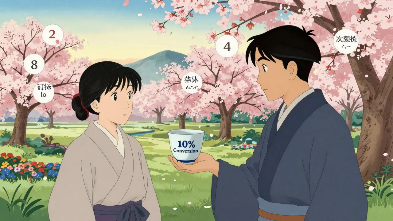 Торговец предлагает чашку с конверсией 10%, а вокруг него цветут деревья, каждое из которых — проверенный способ роста.