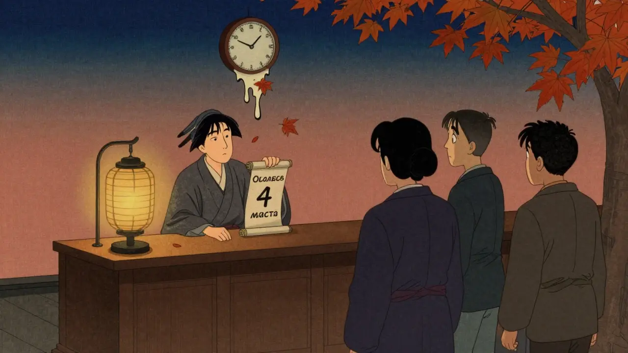 Торговец с таймером, клиенты уходят, осенние листья падают.