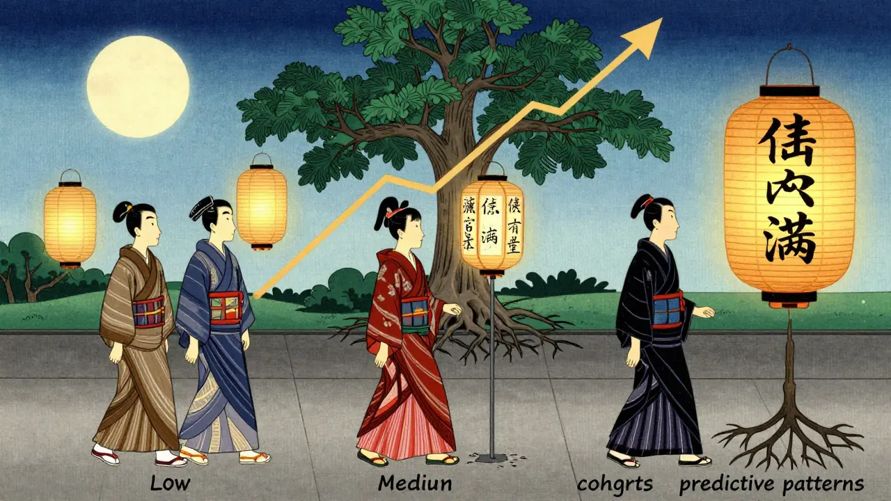 Три типа клиентов идут по разным путям, отмеченным фонарями, соответствующими их стоимости жизни, под деревом прибыли.