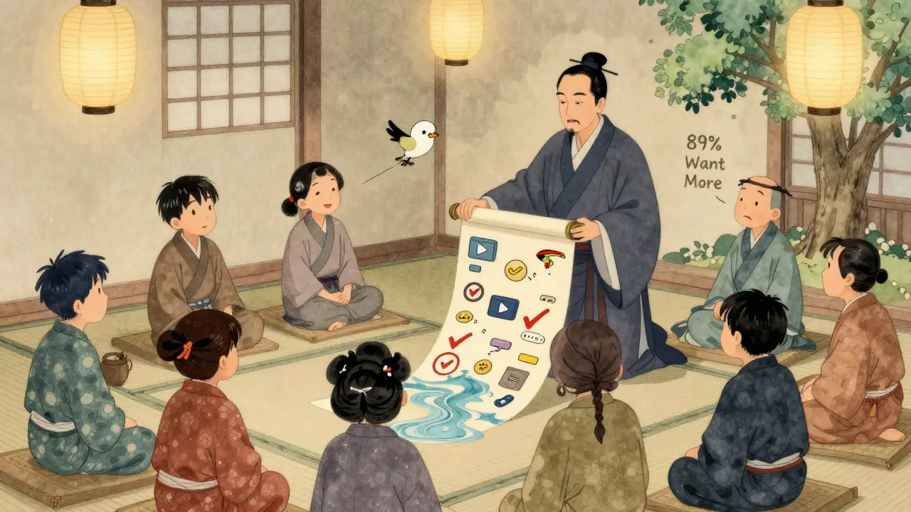 Учитель раздает свитки, превращающиеся в реку с иконками прогресса, ученики улыбаются, птица несёт выполненное задание.