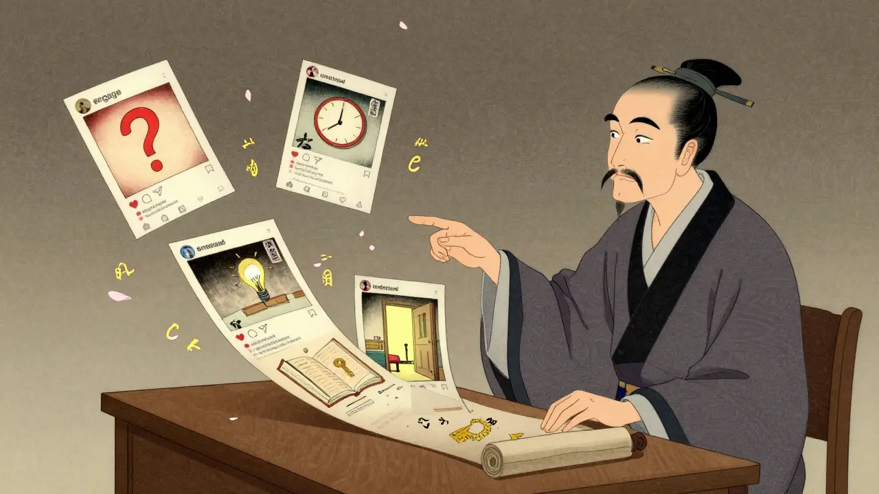 Учитель разворачивает свиток, превращающийся в пять социальных постов, оформленных как японские гравюры.