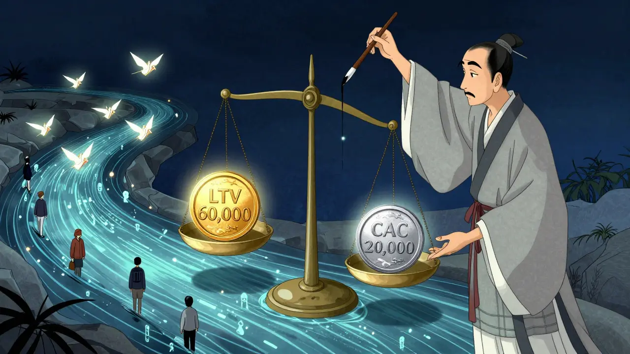 Весы LTV:CAC уравновешены над потоком данных, учёный корректирует их кистью, а клиенты рождаются из потока.