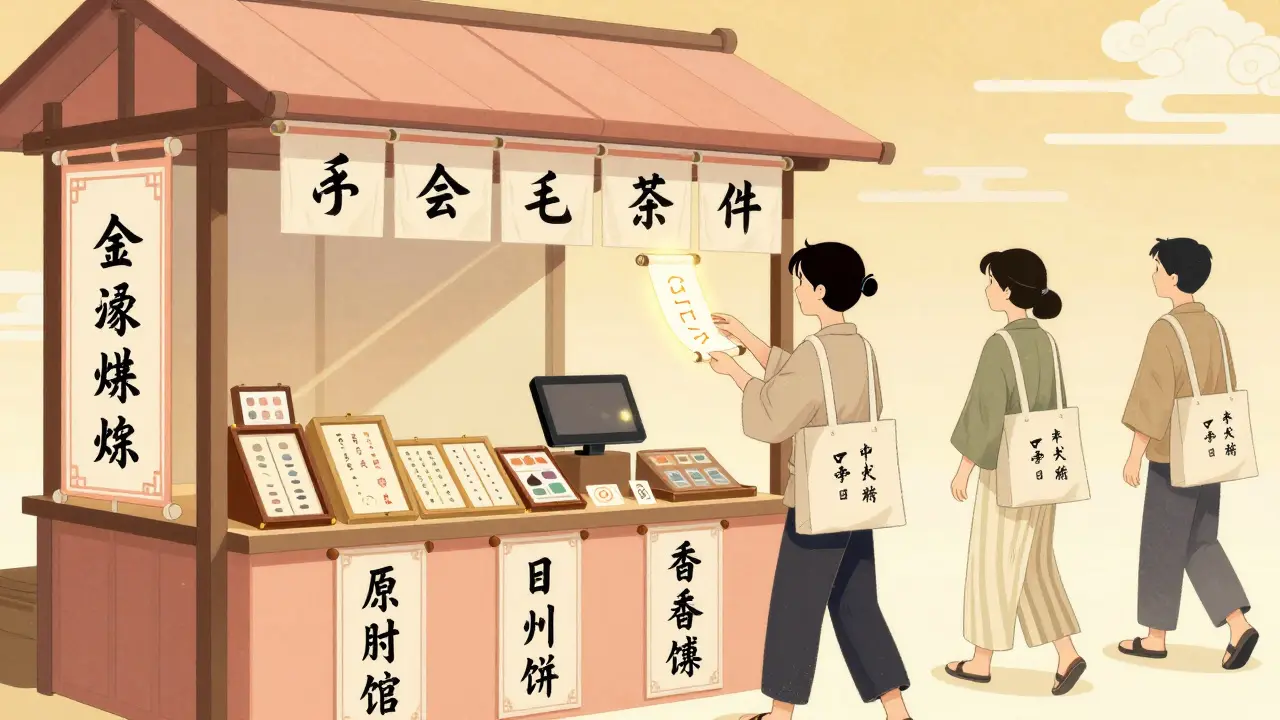 Цифровой магазин курсов в традиционном японском стиле с единым цветом и каллиграфическими надписями.