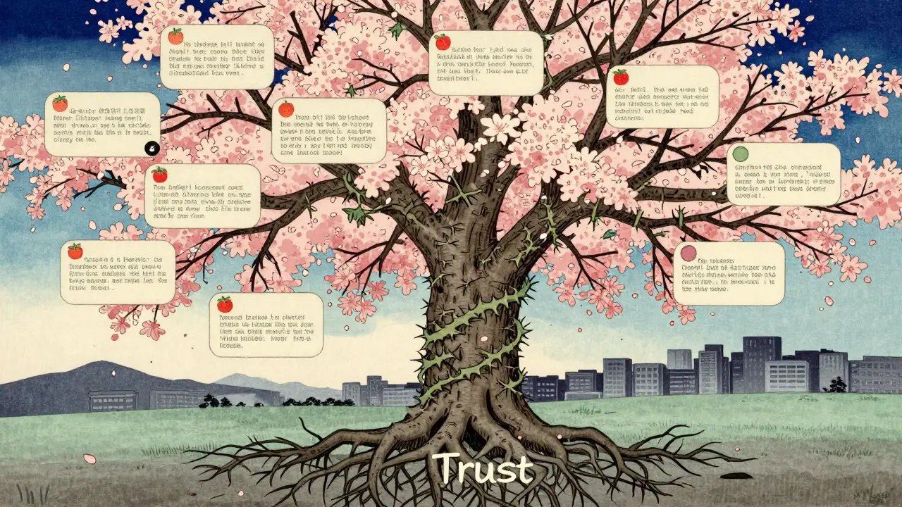 Дерево доверия с плодами из реальных отзывов клиентов, растущее сквозь ветви негатива, в традиционном японском стиле.