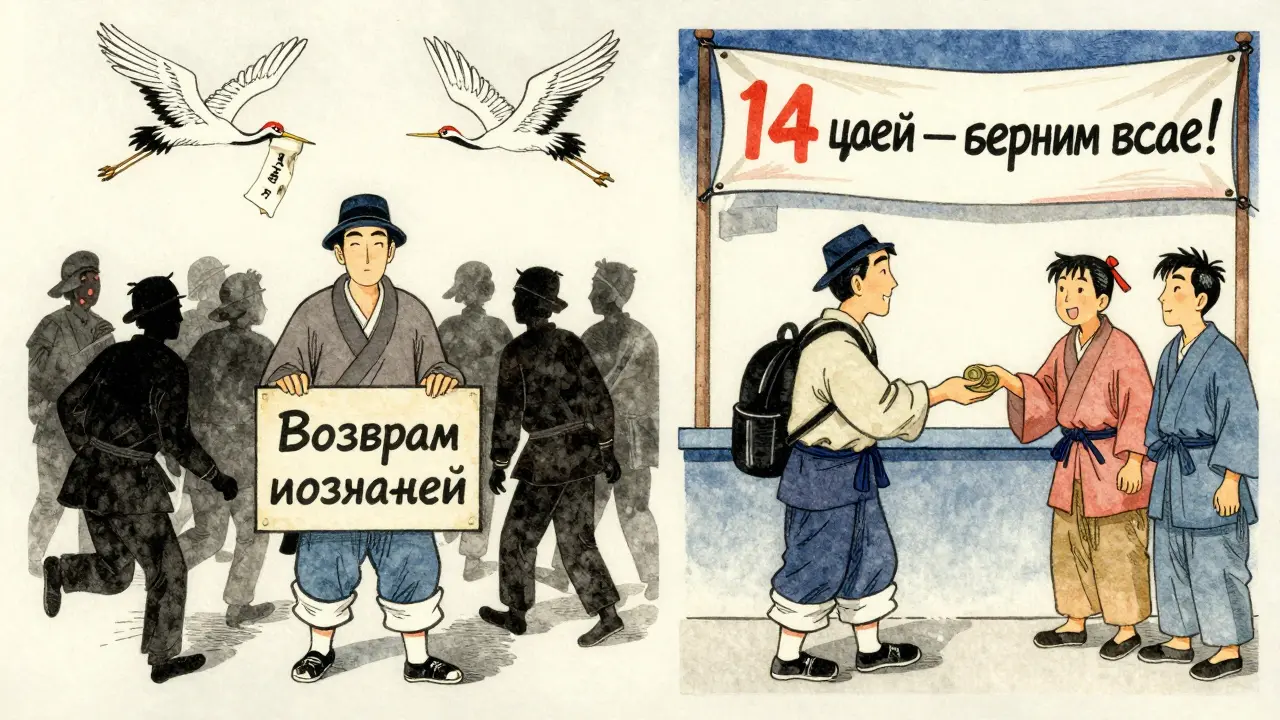 Два продавца: один с запретом на возврат, другой с гарантией — клиенты идут к нему, журавль несёт слово 'Доверие'.