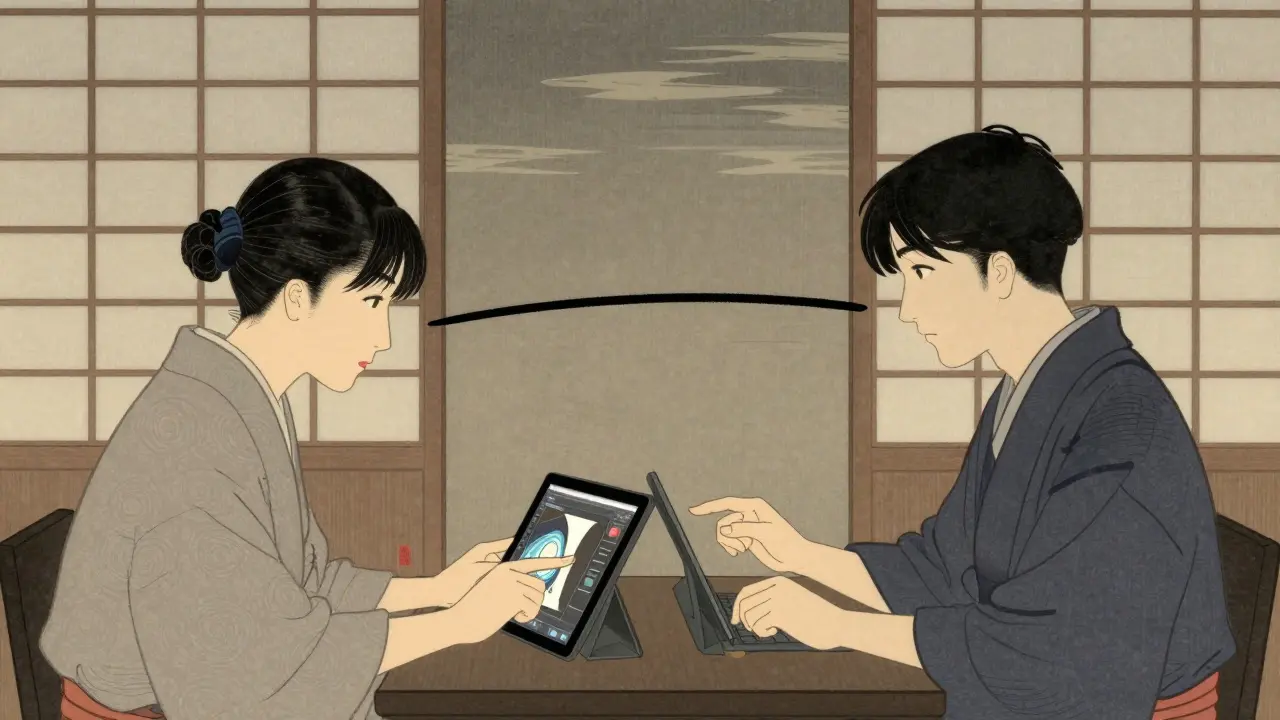 Две фигуры в укиё-э стиле взаимодействуют, соединённые непрерывной линией движения, символизирующей правильный монтаж.