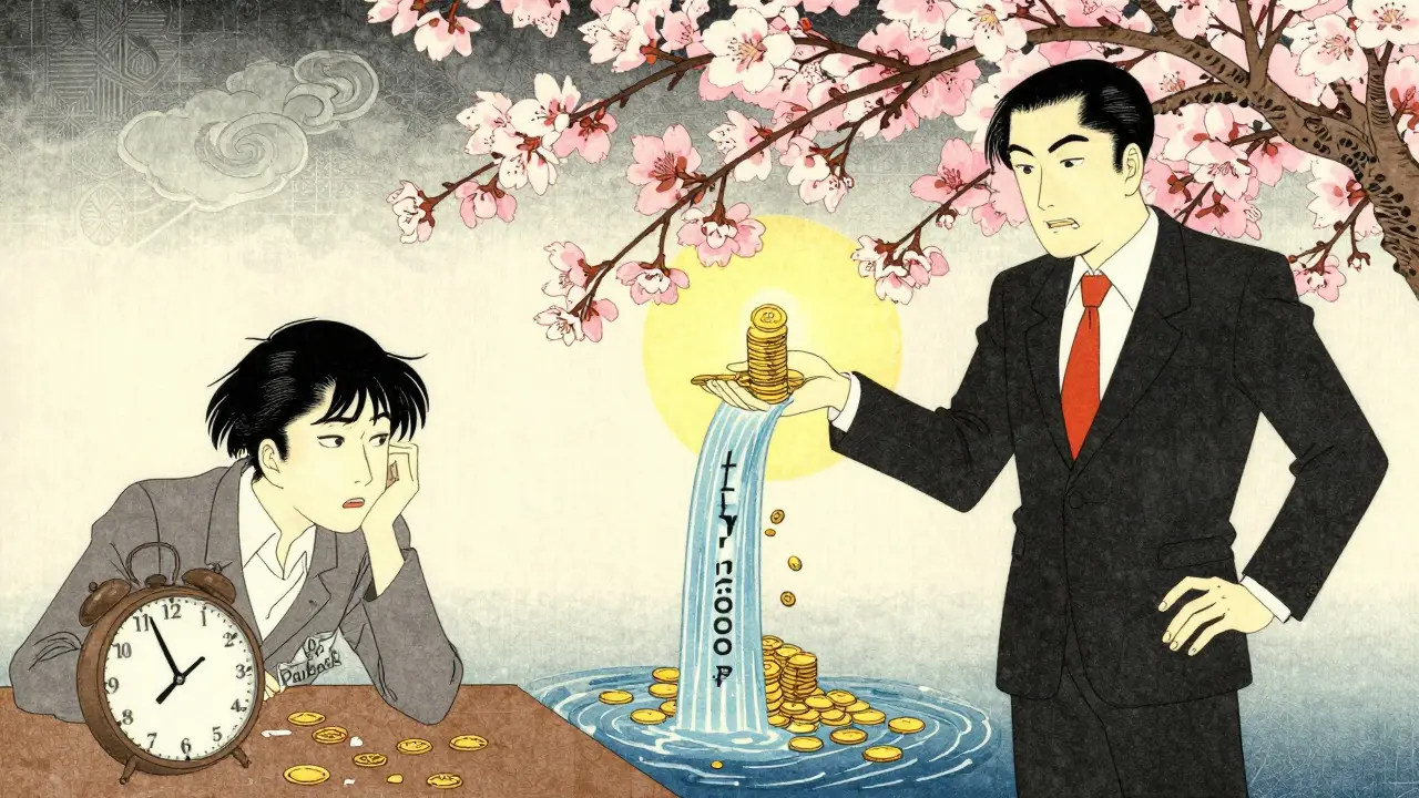 Контраст между хаосом затрат и стабильным доходом в традиционном японском стиле